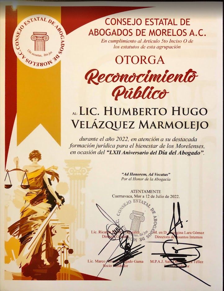 Reconocimiento público del Consejo Estatal de Abogados de Morelos a Humberto Hugo Velázquez Marmolejo, 12 de julio de 2022